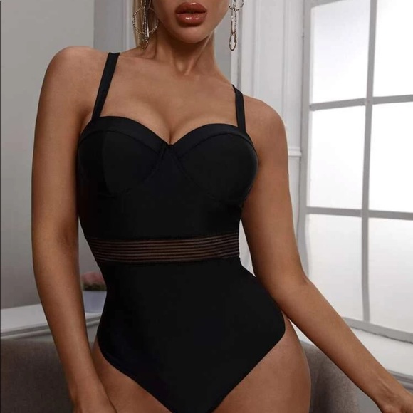 Black mesh contrast monokini swimsuit